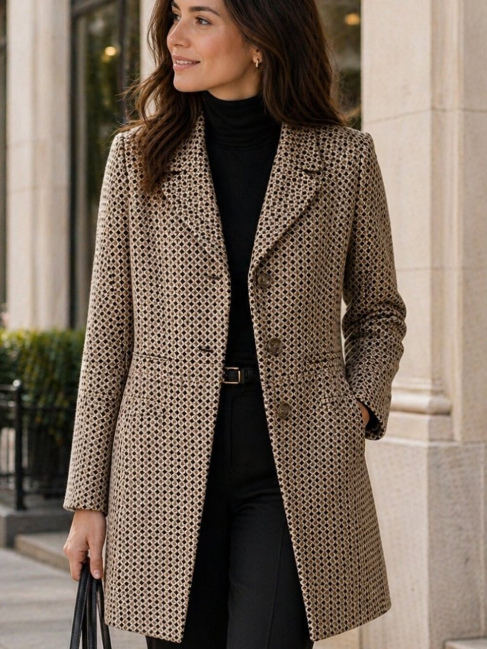 Ann Taylor Textured Longline Blazer Jacket Tan Black Pattern Size S